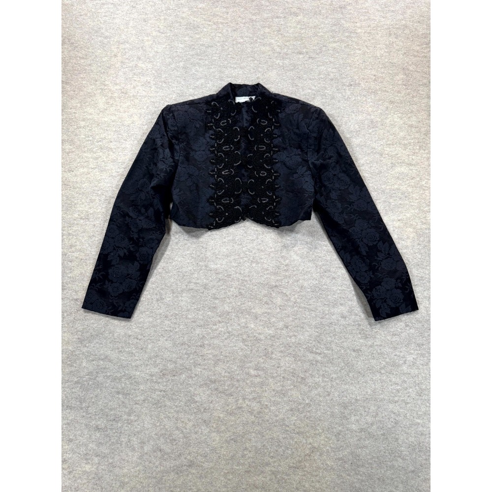 VTG Scott Mcclintock Cropped Jacket Women Petite Black Floral Jacquard Lace Trim